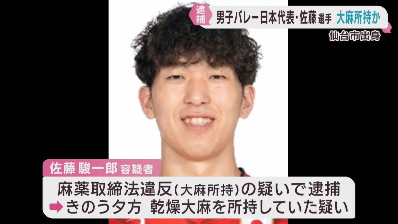 仙台市出身バレーボール日本代表　佐藤駿一郎容疑者を大麻所持の疑いで逮捕
