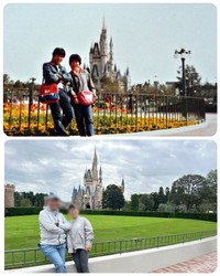 41年ぶりに夫婦で訪れた東京ディズニーランド。上が1984年4月4日、下が2024年11月12日撮影（Yoshitoshi583さん提供）