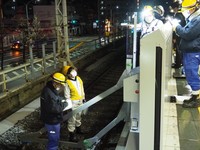 通称「定規」と呼ばれる測定器具で、ホーム柵が電車に接触することがないか確認しています