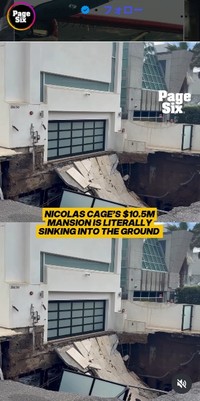 道路がえぐられたように陥没したニコラス・ケイジのマリブの邸宅＝ページシックスのインスタグラム＠pagesixより　撮影トビー・カンハム（Page Six提供）