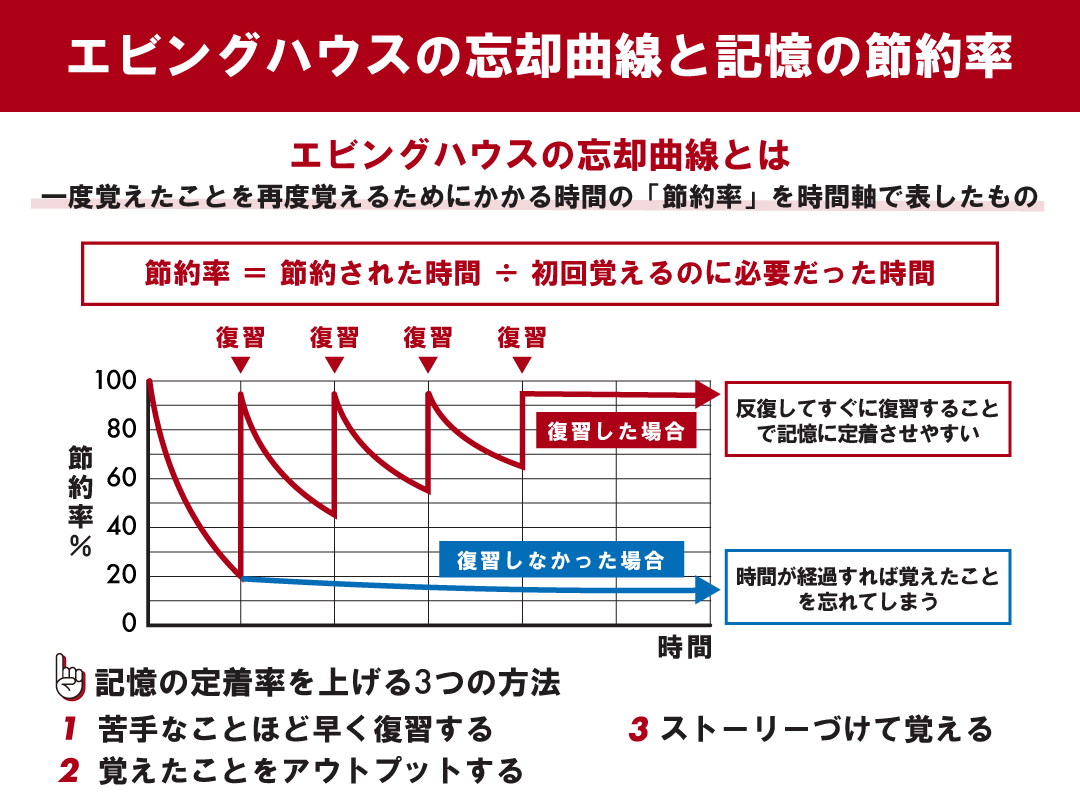 エビングハウスの忘却曲線とは　最適な復習タイミングと注意点を解説 | ツギノジダイ