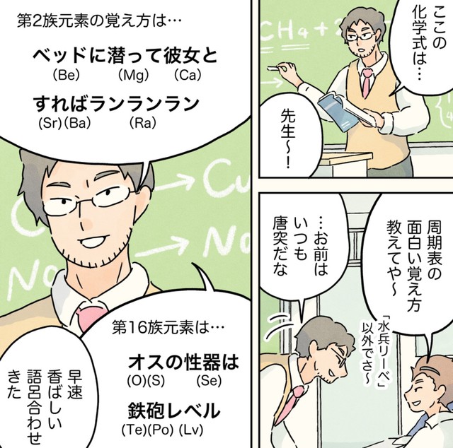 面白い周期表の覚え方を求められる化学の先生（コンテくん提供）