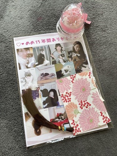 「自分が死んだときに、めめちゃんが自分を見つけてくれるように」と髪を20センチほど切って入れ、めめちゃんと一緒に髪と手紙も火葬してもらった（そらみずほさん提供）