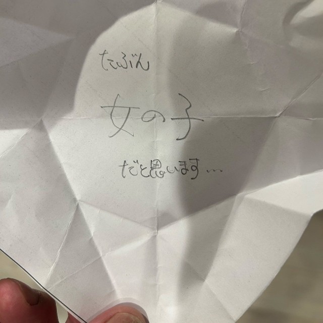 薔薇を開くと、「たぶん　女の子　だと思います…」と書かれていました／茶！初マタ34wさん（@ozr321）提供