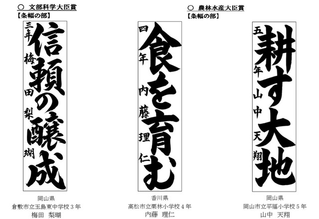 JA共済全国小中学生書道コンクール　岡山・香川の3人が大賞を受賞