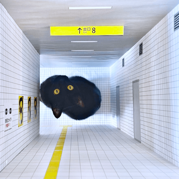 「8番出口」の模型に入って飼い主さんを見上げる黒猫・ノアールちゃん（画像提供：ティグノアさん）