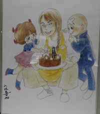 手塚治虫文化賞マンガ大賞受賞を受け描かれた入江喜和「ゆりあ先生の赤い糸」とピノコ、写楽保介のコラボイラスト＝東京築地の朝日新聞社