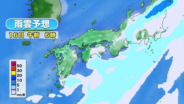 16日午前6時の雨雲予想　提供：ウェザーニューズ