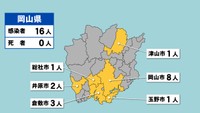 岡山県の新型コロナ感染状況　7月20日（「黄」は1～9人の感染者が確認された市）
