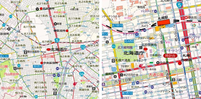 札幌市中央区・北海道庁近辺。表示倍率に応じて情報を選別している（株式会社マップル提供）