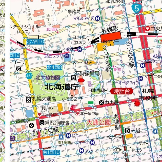 札幌市中央区・北海道庁近辺。表示倍率に応じて情報を選別している（株式会社マップル提供）