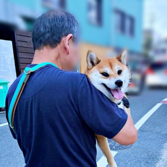 じいじに抱っこされて笑顔になるななちゃん（画像提供：しばいぬお迎えした主婦さん）