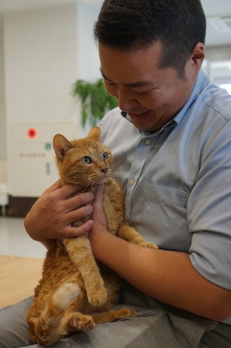 しまくんを抱く介護事業部統括の森さん。猫が苦手だったが、今はこの通り！「猫かわいいです」