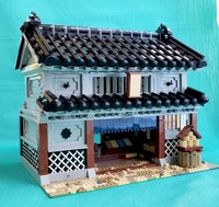 のれんや瓦屋根まで作り込まれた2025年冬の作品「江戸の本屋さん」／はやうまさん（@hayauma_lego）提供