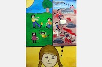 戦争の情景（右）と平和の情景（左）を思い浮かべる少女を描いた絵