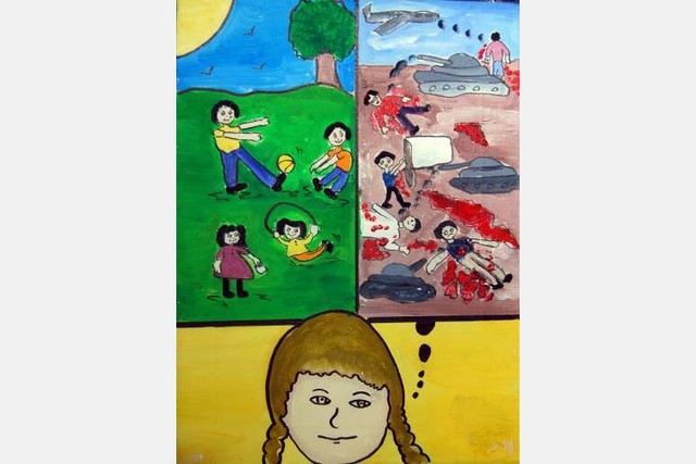 戦争の情景（右）と平和の情景（左）を思い浮かべる少女を描いた絵