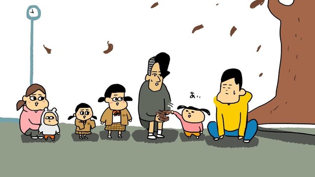 地域の色々な人とのふれあいの場面。きの子ちゃんはお兄さんに木の棒を渡しています（笑）。 ※うのきさん提供