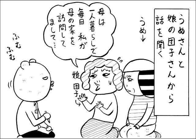 うめさんと娘の団子さんから話を聞く「母は一人暮らしで、毎日私が母の家を訪問してまして・・・」ふむふむ