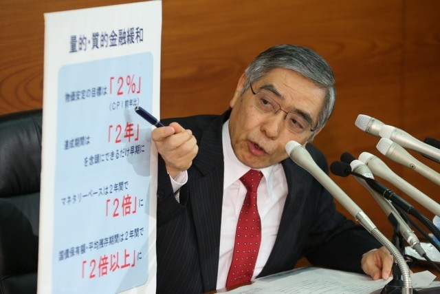 就任後初の金融政策決定会合で「異次元緩和」を決め、記者会見で説明する日銀の黒田東彦総裁