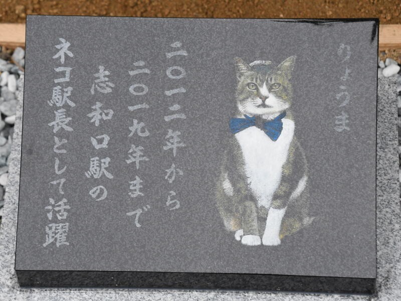 石碑の横に設置されたモニュメントには、りょうまの姿が描かれている