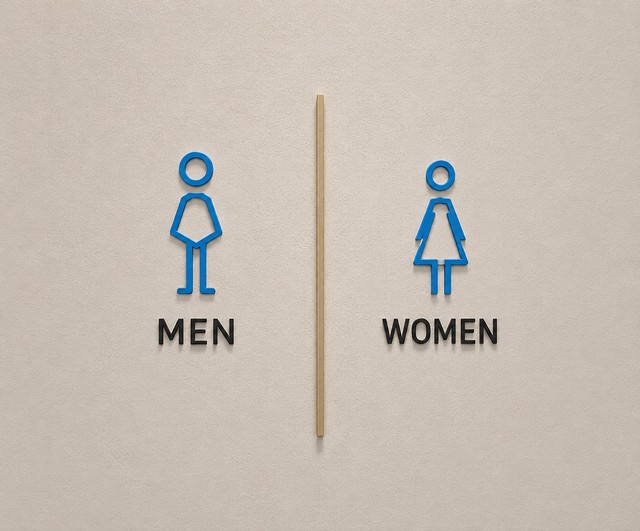 トイレの表示としてはおしゃれだが、よくよく見ないと男性用なのか女性用なのかがわかりづらい（提供）