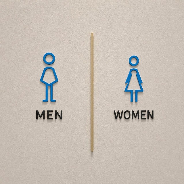 トイレの表示としてはおしゃれだが、よくよく見ないと男性用なのか女性用なのかがわかりづらい（提供）