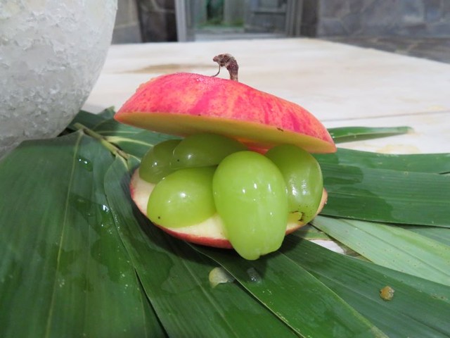 最近話題のスイーツ風ですが、「マリ…？何ですかそれ」とパティシエ飼育員さん。フルーツサンドみたいにしたかったのだそう（王子動物園提供）