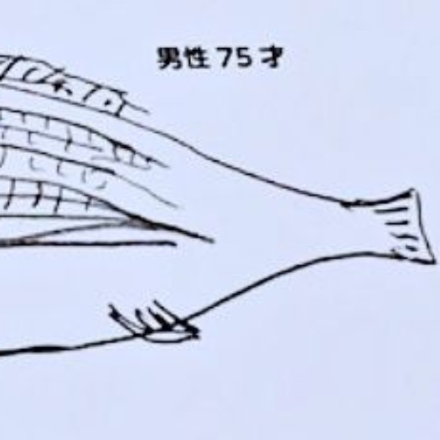 「男性 75才」が描いたアロワナ（画像提供：すこやかむいむいさん）