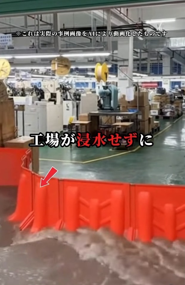 工場に止水版を設置したイメージ画像（※実際の画像をAIにより動画化したもの）（「フジ鋼業【止水板のフラッドガード】」提供、Instagramよりキャプチャ撮影）
