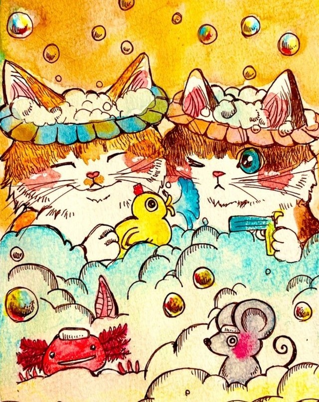 みんなでお風呂をテーマにしたはがきサイズの水彩色鉛筆画