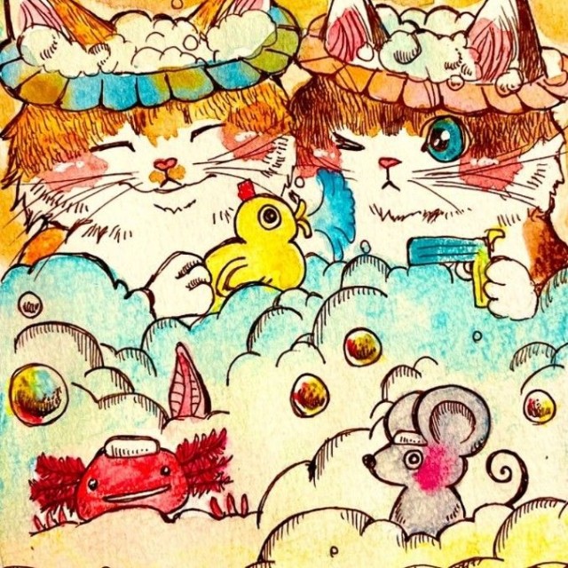 みんなでお風呂をテーマにしたはがきサイズの水彩色鉛筆画