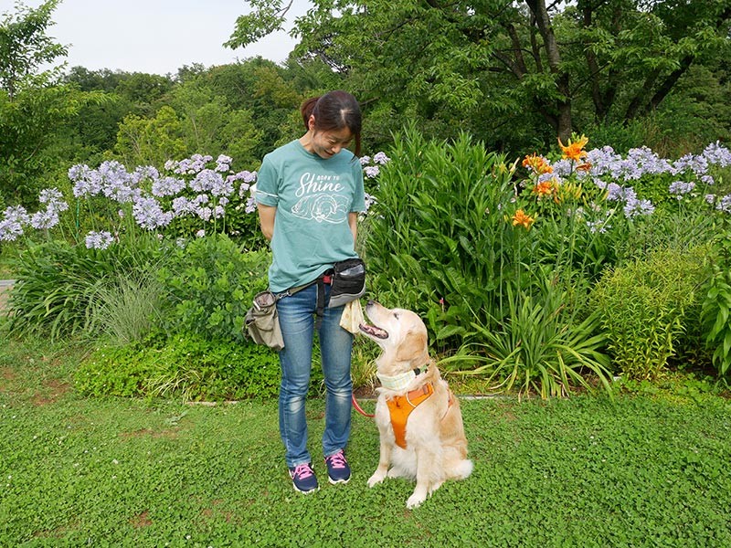 チャリティTシャツはこんなカラーバリエも。モデルは神奈川県立子供医療センターで活動中のファシリティドッグ「アニー」とハンドラーの森田優子さん