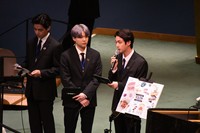 国連総会議場で演説するBTSのメンバー＝9月20日、ニューヨーク、藤原学思撮影