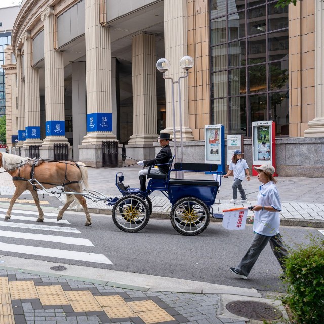 混乱を防ぐため、試走は周囲の施設や商店のオープン前におこなわれた（明石乗馬協会提供）