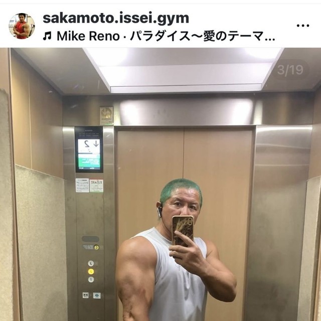 グリーンの髪色をアピール＝坂本一生（＠sakamoto.issei.gym）さんのインスタグラムより