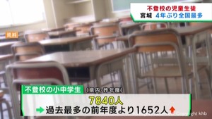宮城県の不登校児童生徒　４年ぶり全国最多に