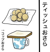 食器は極力使わずティッシュや使っていたコップをお皿に（おもちさん提供）