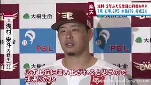 楽天イーグルス浅村選手が７月の月間ＭＶＰ受賞　打撃好調でチームをけん引