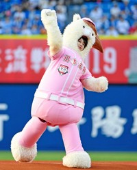 着ぐるみでファーストピッチに登板した牧野真莉愛＝2019年6月19日、横浜スタジアム