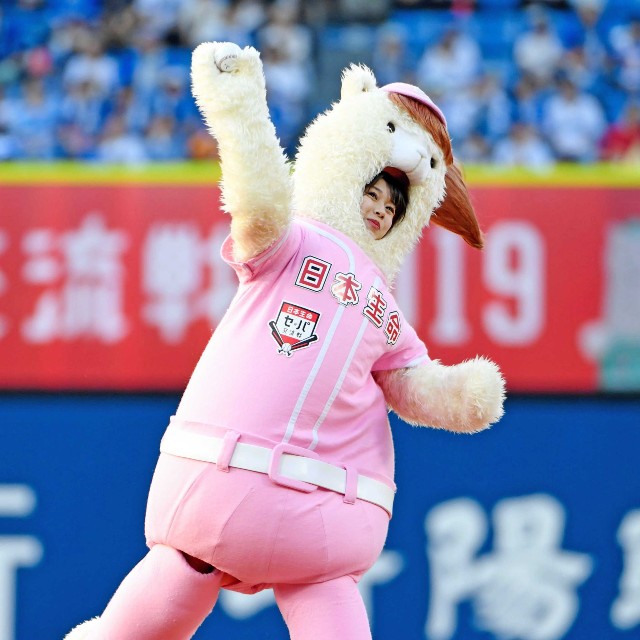 着ぐるみでファーストピッチに登板した牧野真莉愛＝2019年6月19日、横浜スタジアム