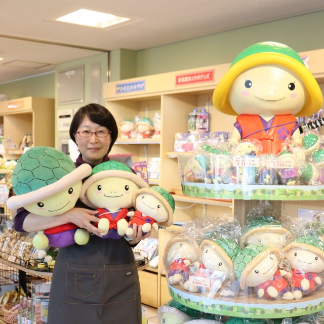 ＪＲ亀岡駅構内の「かめまるマート」で販売される明智かめまるのぬいぐるみ。スタッフが手にするのは左から４０センチ、３０センチ、２０センチサイズ（亀岡市追分町）