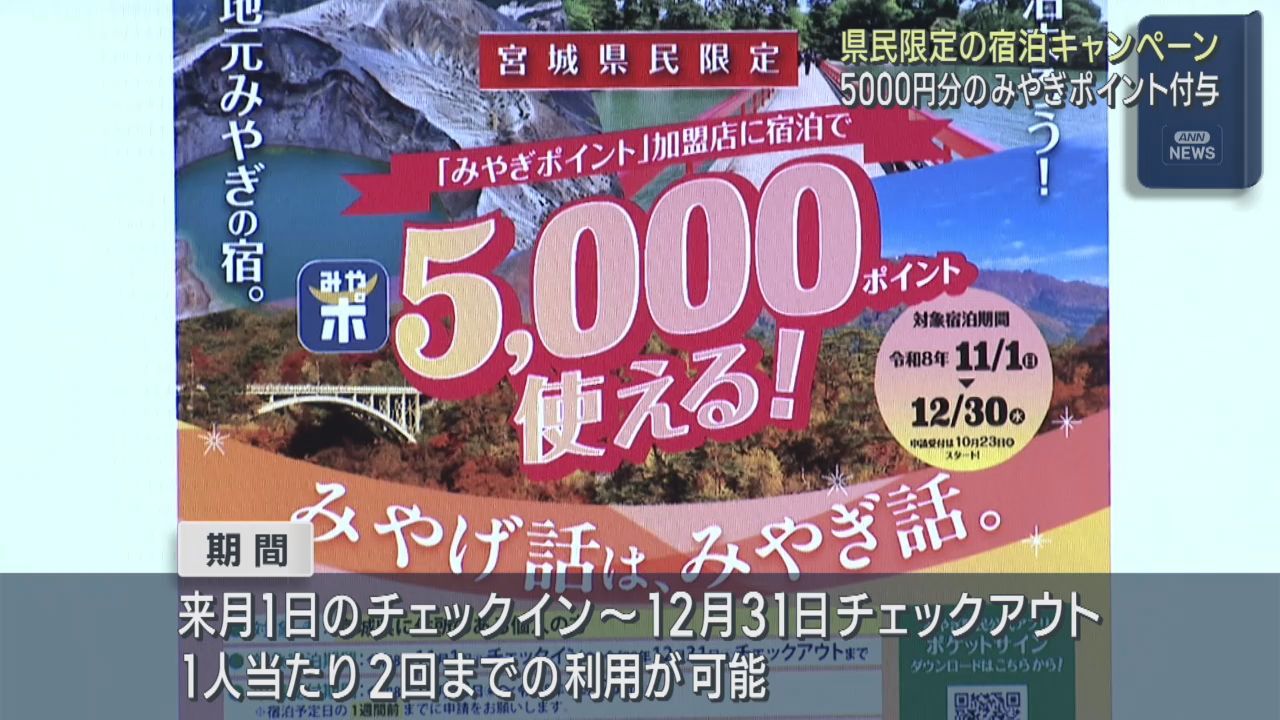 宮城県での宿泊を促進　県民限定のキャンペーン開始へ