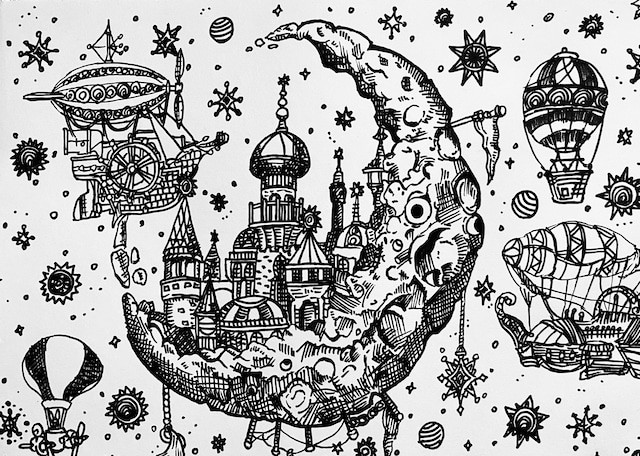 自閉症画家として活動するらびさんの作品「見守る月と宙の街」（提供：自閉症画家らびさん）