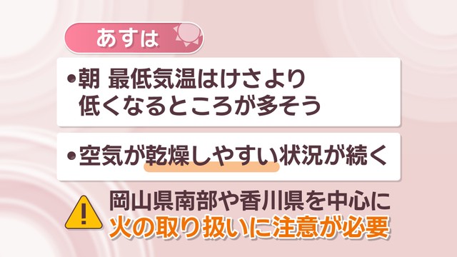 【天気予報】16日(火)朝の最低気温　15日(月)朝より低くなるところが多い予想　岡山・香川