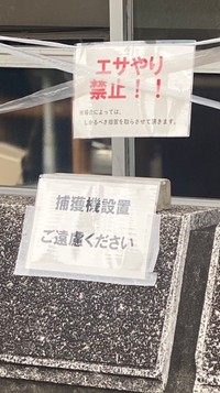 「エサやり禁止！！」「捕獲器設置ご遠慮ください」などと書かれた貼り紙2枚を貼られてしまった（「春日井さくら猫の会」さん提供）