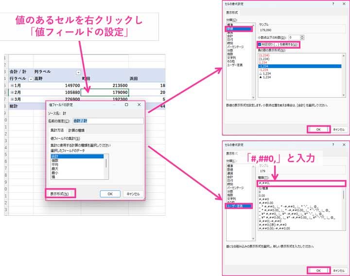 カンマと表示桁数の設定方法