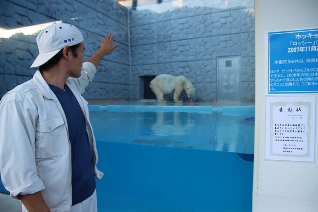 担当して3年。「ロッシーは相棒、仕事仲間です」と片野さん＝2023.10 日本平動物園