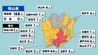 岡山県の新型コロナ感染状況　1月13日（「赤」は10人以上、「黄」は1～9人の感染者が確認された市と町）