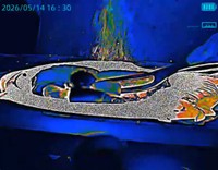 はね上がる油の熱がサーマルカメラに！なお、鉄板部分は熱すぎて測定できていないよう（Nuiさん提供）