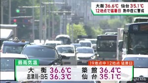 宮城県に５回目の熱中症警戒アラート　１２地点で猛暑日